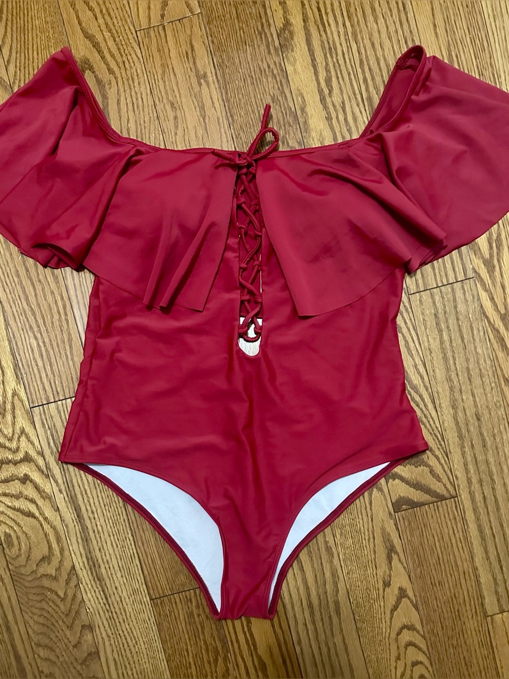 Red Off-Shoulder Lace-Up One-Piece Swimsuit